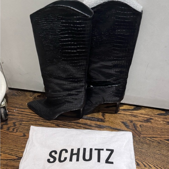 SCHUTZ Black Croc-Embossed Maryana Heeled Boots - Picture 3 of 4